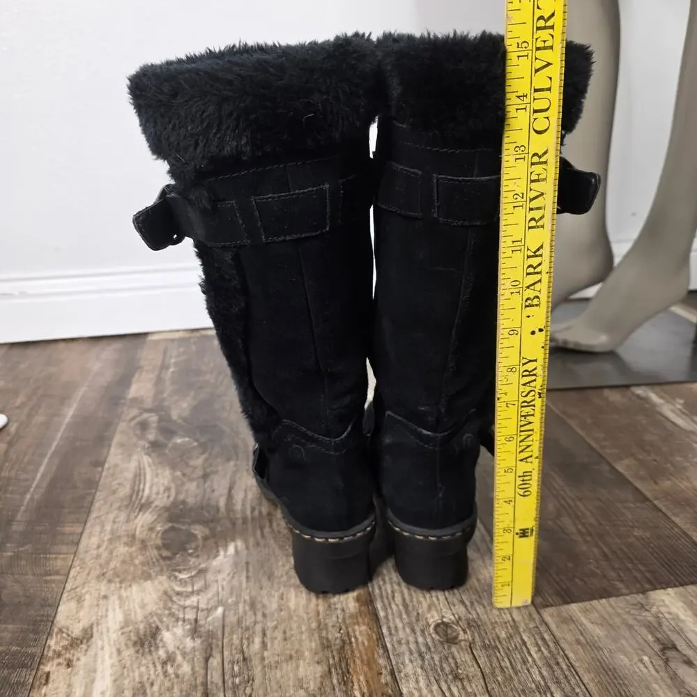 BareTraps Wedge Faux Fur Tall Boots Size 9M Cauchy Black Suede Buckles